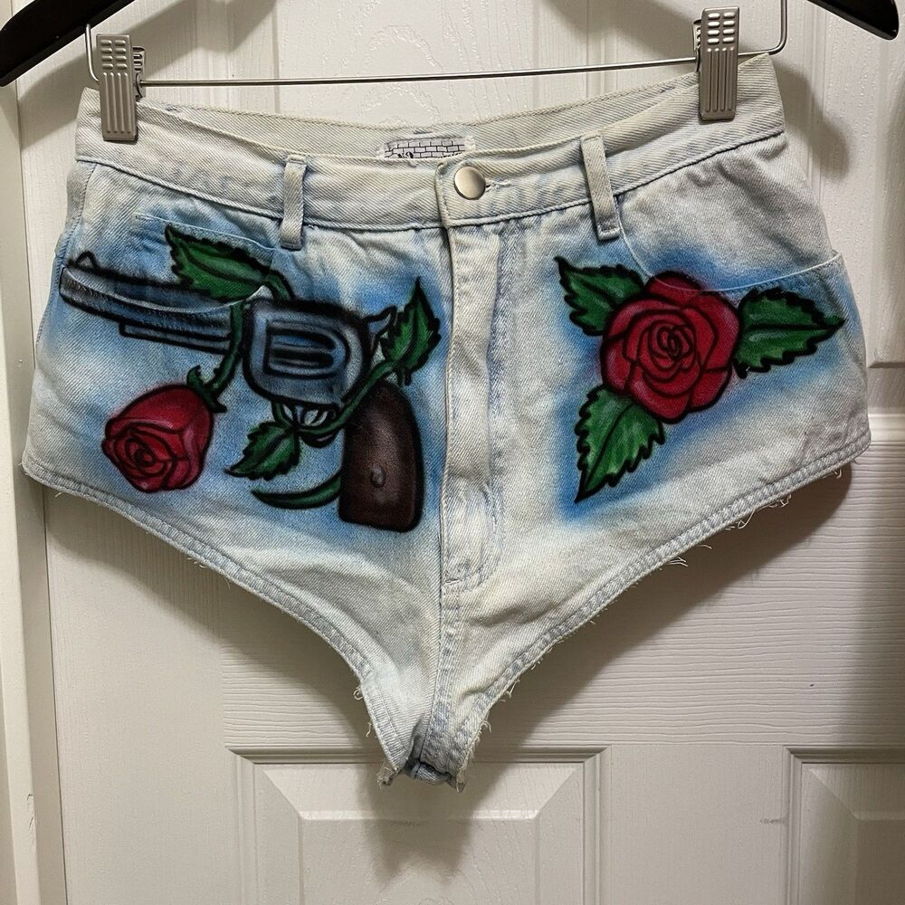 Vintage 80s Guns N Roses Airbrush Booty Short Denim Vest Set J. Neyrot Miami Art - Picture 3 of 14